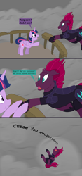 Size: 1024x2188 | Tagged: safe, artist:hakar-kerarmor, tempest shadow, twilight sparkle, twilight sparkle (alicorn), alicorn, unicorn, my little pony: the movie, broken horn, dark comedy, falling, female, mare, reality ensues, scared, yelling