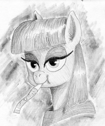 Size: 740x885 | Tagged: safe, artist:t72b, derpibooru exclusive, maud pie, pony, bust, monochrome, newbie artist training grounds, portrait, puffy cheeks, solo, traditional art