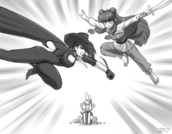 Size: 2000x1566 | Tagged: safe, artist:johnjoseco, spike, dragon, human, cathy weseluck, crossover, cybersix, grayscale, monochrome, ranma 1/2, shampoo (ranma 1/2), voice actor joke