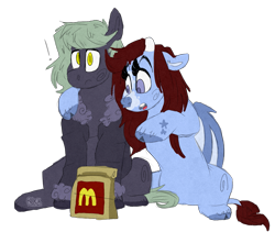 Size: 1515x1279 | Tagged: safe, artist:rockruffian, oc, oc only, oc:kiyoshi, oc:maizzey starr, original species, duo, female, horn, male, mcdonald's, simple background, surprised