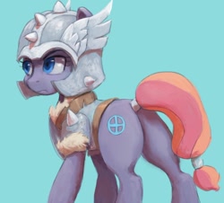 Size: 1036x935 | Tagged: safe, artist:raikoh, sun cross, earth pony, pony, campfire tales, armor, blue background, female, helmet, mare, mighty helm, plot, serious, serious face, simple background, solo