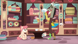 Size: 1280x720 | Tagged: safe, screencap, discord, raspberry vinaigrette, draconequus, earth pony, pony, discordant harmony, cup, duo, female, male, mare, perching, store, teacup, winged teapot