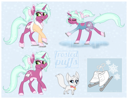 Size: 2024x1573 | Tagged: safe, artist:frostedpuffs, oc, oc only, oc:icebloom, dog, pony, unicorn, bow, clothes, female, ice skating, mare, reference sheet, sweater, tail bow