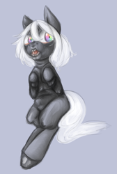 Size: 1015x1511 | Tagged: safe, artist:ferrettea, oc, oc only, oc:gloomy grey, creepy, open mouth, sitting, solo, teeth