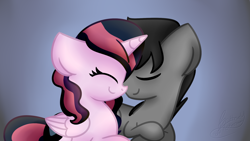 Size: 1024x576 | Tagged: safe, artist:littleblackraencloud, oc, oc only, alicorn, pony, cute, eyes closed, female, male, oc x oc, prone, shipping, smiling