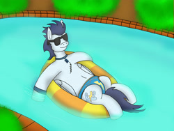Size: 4032x3024 | Tagged: safe, artist:tacomytaco, soarin', pegasus, pony, belly button, chest fluff, clothes, inner tube, jewelry, male, necklace, pool toy, relaxing, solo, speedo, sunglasses, swimming pool, swimsuit, water, wristband