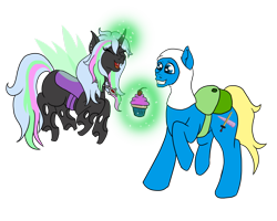 Size: 1024x819 | Tagged: safe, artist:countessmrose, oc, oc only, changeling, pony, adventure time, backpack, changeling oc, clothes, costume, cupcake, flying, food, glowing horn, magic, simple background, smiling, telekinesis, transparent background