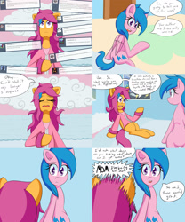 Size: 2000x2400 | Tagged: safe, artist:jake heritagu, firefly, scootaloo, pony, comic:ask motherly scootaloo, ask, bed, blanket, cloud, comic, hairpin, motherly scootaloo, sweatshirt, wonderbolts poster