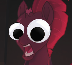Size: 422x379 | Tagged: safe, edit, edited screencap, screencap, tempest shadow, unicorn, my little pony: the movie, spoiler:comic, broken horn, female, googly eyes, mare, meme, open up your *very* eyes, open up your eyes, pun, special eyes