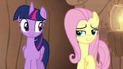 Size: 1920x1080 | Tagged: safe, screencap, fluttershy, twilight sparkle, twilight sparkle (alicorn), alicorn, pegasus, pony, a health of information, bedroom eyes, candle, duo, female, mare, smiling