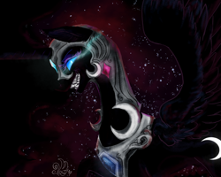 Size: 1500x1200 | Tagged: safe, artist:candasaurus, nightmare moon, alicorn, pony, female, glowing eyes, grin, mare, smiling, solo, spread wings, wings
