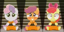 Size: 2944x1500 | Tagged: safe, artist:spellboundcanvas, apple bloom, scootaloo, sweetie belle, blushing, clothes, crying, cutie mark crusaders, horn cap, magic suppression, mugshot, prison, prison outfit, prisoner