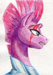 Size: 500x697 | Tagged: safe, artist:kirillk, tempest shadow, pony, unicorn, my little pony: the movie, broken horn, eye scar, female, mare, scar, simple background, solo, traditional art