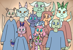 Size: 1203x818 | Tagged: safe, artist:chiptunebrony, mina, spike, oc, oc:nameless, dragon, g3, clothes, dragoness, easter egg, female, g3 to g4, generation leap, graduation, picture, robe, robes, smiling, student, students, whimsey weatherbe