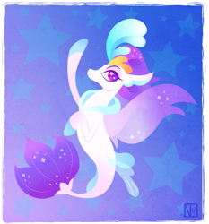 Size: 731x786 | Tagged: safe, artist:disfiguredstick, queen novo, seapony (g4), my little pony: the movie, crown, female, fin wings, fins, fish tail, jewelry, lineless, looking at you, purple eyes, queen, regalia, smiling, solo, sparkles, stars, wingding eyes, wings