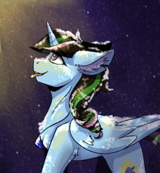 Size: 1850x2000 | Tagged: safe, artist:serodart, oc, oc only, alicorn, alicorn oc, lightning, night, snow, solo, tongue out