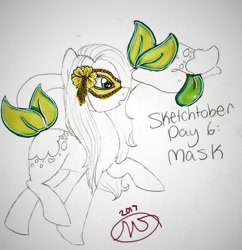 Size: 1024x1056 | Tagged: safe, artist:crystalizedflames, oc, oc only, oc:parisia, plant pony, pony, augmented tail, female, mask, partial color, sketch, solo, tail mouth, traditional art