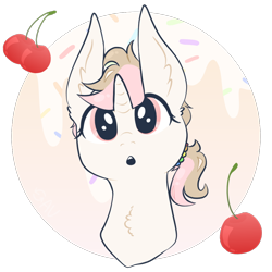 Size: 1000x1000 | Tagged: safe, artist:reverseau, oc, oc only, oc:sunday sundae, unicorn, :o, badge, food, ice cream, looking at you, open mouth, simple background, solo, transparent, transparent background