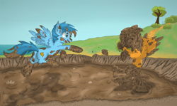 Size: 2765x1652 | Tagged: safe, oc, oc only, oc:shadowfly, pegasus, pony, belly button, dirt, dirty, messy, mud, mud play, muddy, ocean, open mouth, playing, shipping, swamp, wet and messy