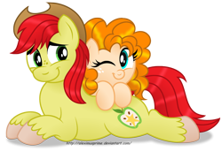 Size: 2000x1375 | Tagged: safe, artist:aleximusprime, bright mac, pear butter, pony, the perfect pear, brightbutter, buttercup, cute, diabetes, female, love, male, one eye closed, perfect pear, romance, shipping, straight, wink