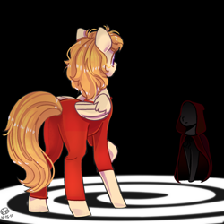 Size: 1750x1750 | Tagged: safe, artist:mkclaassicarts, oc, oc only, oc:melody (potion mare), oc:one (potion mare), pegasus, pony, fanfic:potion mare, alchemist, alternate dimension, clothes, digital art, duo, duo female, fanfic, fanfic art, female, folded wings, frown, hidden eyes, hood, long tail, mare, purple eyes, raised hoof, rear view, robe, self ponidox, shadow, standing, tail, time travel