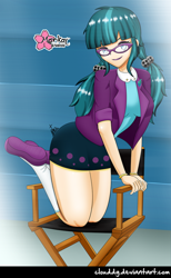 Size: 614x1000 | Tagged: safe, artist:clouddg, juniper montage, equestria girls, spoiler:eqg specials, chair, clothes, cute, female, glasses, human coloration, moe, pigtails, shoes, signature, skirt, socks, solo, thighs