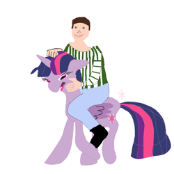 Size: 1100x1100 | Tagged: safe, twilight sparkle, oc, alicorn, human, pony, crossover, female, happy, human male, humans riding ponies, male, mare, riding, shipping, tongue out, twilight is not amused, unamused, wings