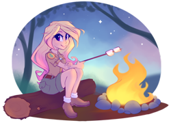 Size: 600x432 | Tagged: safe, artist:meekcheep, oc, oc only, oc:starstruck, human, equestria girls, campfire, clothes, convention, equestria girls-ified, equestria la, female, food, humanized, humanized oc, looking at you, marshmallow, mascot, scout uniform, shoes, shorts, socks, solo
