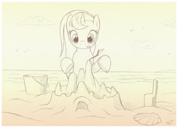 Size: 1024x739 | Tagged: safe, artist:sherwoodwhisper, oc, oc only, oc:eri, bird, pony, unicorn, beach, bucket, cloud, monochrome, sandcastle, seashell, seashore, solo, tongue out, traditional art, tree branch