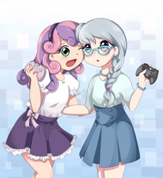 Size: 6900x7500 | Tagged: safe, artist:autumn rush, silver spoon, sweetie belle, human, fanfic:this game of mine, absurd resolution, bow, braid, child, clothes, controller, cute, diasweetes, fanfic, fanfic art, female, glasses, hairband, humanized, lesbian, looking at you, petticoat, pleated skirt, shipping, silverbelle, silverbetes, simple background, skirt, this game of mine