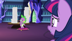 Size: 1920x1080 | Tagged: safe, screencap, spike, twilight sparkle, twilight sparkle (alicorn), alicorn, dragon, pony, once upon a zeppelin, magic, out of context, quill, smug, stupid sexy spike, twilight's castle, writing