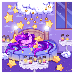 Size: 1200x1200 | Tagged: safe, artist:ipun, oc, oc only, oc:hazel, alicorn, pony, alicorn oc, bed, bedroom, chibi, cloud, eyes closed, female, jar, mare, night, plushie, prone, sleeping, solo, stars, window