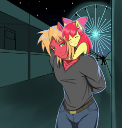 Size: 1024x1067 | Tagged: safe, artist:nwinter3, apple bloom, big macintosh, anthro, earth pony, anime hair, bow, brother and sister, clothes, eyes closed, female, ferris wheel, filly, hair bow, male, night, pants, piggyback ride, shirt, siblings, smiling, stallion