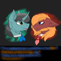 Size: 2560x2560 | Tagged: safe, artist:brokensilence, oc, oc only, oc:bass note, oc:kent income, pony, bow, clothes, dialogue, dialogue box, eye contact, looking at each other, male, necktie, tongue out, vulgar