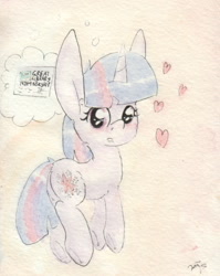 Size: 688x863 | Tagged: safe, artist:slightlyshade, twilight sparkle, pony, unicorn, blushing, book, heart, solo, that pony sure does love books, thought bubble, traditional art