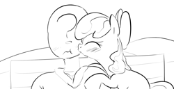 Size: 1157x591 | Tagged: safe, artist:dotkwa, apple bloom, oc, oc:anon, earth pony, human, pony, female, filly, grayscale, kiss on the cheek, kissing, monochrome