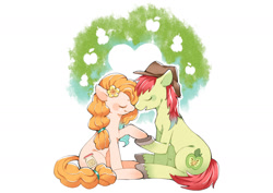 Size: 1748x1240 | Tagged: safe, artist:jannel300, bright mac, pear butter, earth pony, pony, the perfect pear, brightbutter, cowboy hat, duo, eyes closed, female, flower, flower in hair, hat, heart, hoof hold, male, mare, shipping, sitting, smiling, stallion, straight