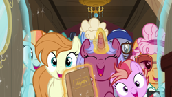 Size: 1920x1080 | Tagged: safe, screencap, agua fresca, bon bon, grapefruit squash, lily peel, lyra heartstrings, raspberry sorbet, roseluck, sweetie drops, earth pony, pegasus, pony, unicorn, once upon a zeppelin, autograph book, background pony, book, camera, crowd, door, elderly, female, filly, glasses, glowing horn, happy, head tilt, horn, levitation, magic, magic aura, mare, screencap (pony), sunglasses, telekinesis, unnamed pony