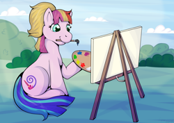 Size: 3507x2480 | Tagged: safe, artist:fishiewishes, toola roola, earth pony, pony, g3, easel, mouth hold, paintbrush, palette, smiling, solo, toola roola will be painting away