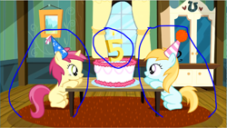 Size: 1606x904 | Tagged: safe, edit, edited screencap, screencap, cerise bud, rose petal, earth pony, pony, unicorn, pinkie pride, 5th birthday, background pony, birthday cake, birthday candle, cake, candle, cerisebetes, circled, circles, duo, female, filly, foal, food, happy birthday, rosy gold, rosybetes, the super duper party pony