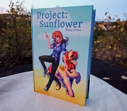 Size: 3963x3464 | Tagged: safe, artist:bakki, oc, oc only, oc:erin olsen, oc:sunflower, human, pony, fanfic:project sunflower, book, book cover, converse, fanfic, fanfic art, outdoors, physical copy, shoes