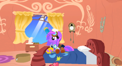 Size: 686x372 | Tagged: safe, oc, oc only, oc:wonder sparkle, 3d, bed, golden oaks library, legends of equestria, sitting, solo, tried