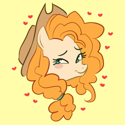 Size: 500x500 | Tagged: safe, artist:shittyloops, pear butter, earth pony, pony, the perfect pear, cowboy hat, female, hat, heart, looking at you, mare, simple background, smiling, solo, yellow background