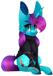 Size: 1304x1873 | Tagged: safe, artist:alithecat1989, oc, oc only, oc:artsy splash, pony, unicorn, clothes, female, mare, simple background, sitting, solo, sweater, transparent background