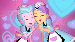 Size: 1334x750 | Tagged: safe, screencap, milkshake malt, tip top, coinky-dink world, eqg summertime shorts, equestria girls, apron, clothes, doo wop, eyes closed, hat, heart, server, smiling, sunny sugarsocks, waitress