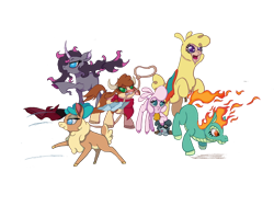 Size: 2000x1500 | Tagged: safe, artist:swasfews, arizona cow, fhtng th§ ¿nsp§kbl, oleander, paprika paca, pom lamb, tianhuo, velvet reindeer, alpaca, classical unicorn, cow, deer, demon, lamb, longma, reindeer, sheep, unicorn, them's fightin' herds, bandana, bell, bell collar, blanket, cloven hooves, collar, community related, digital art, female, fightin' six, lasso, leonine tail, one eye closed, open mouth, puppy, rope, saddle blanket, simple background, tongue out, transparent background, unshorn fetlocks