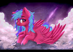 Size: 1024x724 | Tagged: safe, artist:silvia-zero, oc, oc only, pegasus, pony, cloud, commission, ear fluff, female, looking at you, mare, multicolored mane, multicolored tail, on a cloud, sitting, sitting on cloud, smiling, solo, sparkly mane, spread wings, starry night, stars, wingding eyes, wings, ych result