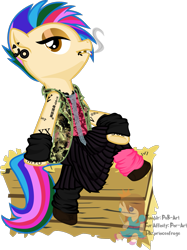 Size: 933x1250 | Tagged: safe, artist:princeofrage, oc, oc only, semi-anthro, body writing, clothes, crossed legs, ear piercing, earring, jacket, jewelry, jrock, miyavi, piercing, plushie, simple background, skirt, solo, tattoo, transparent background, visual kei