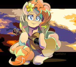 Size: 1600x1423 | Tagged: safe, artist:tyuubatu, pear butter, earth pony, pony, the perfect pear, acoustic guitar, female, flower, flower in hair, guitar, looking at you, mare, smiling, solo
