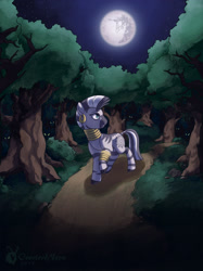 Size: 2249x3000 | Tagged: safe, artist:overlordneon, zecora, zebra, ear piercing, everfree forest, eye, eyes, fanfic, fanfic art, fanfic cover, female, forest, full moon, glowing eyes, looking back, mare, mare in the moon, moon, night, piercing, solo, stars, tree